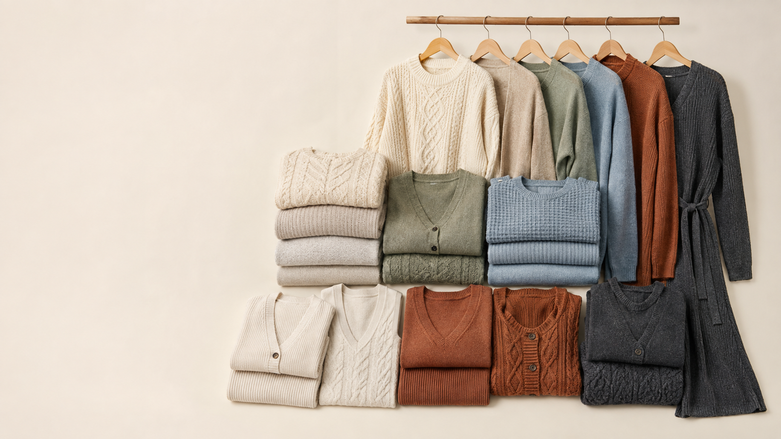 Sweaters and cardigans in cream, sage, blue, rust and charcoal with cable, rib and jersey textures