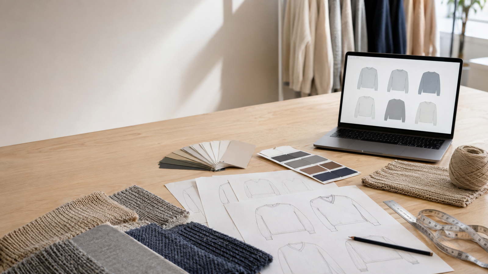 Sweater sketches, yarn swatches, color cards and digital designs on a knitwear development table