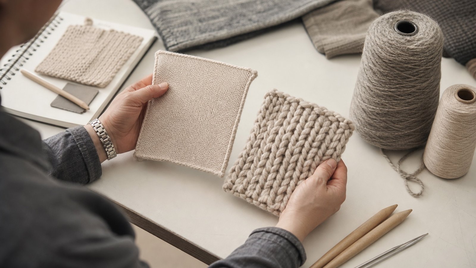 Fine-gauge and chunky-gauge knit swatches compared with suitable yarn counts