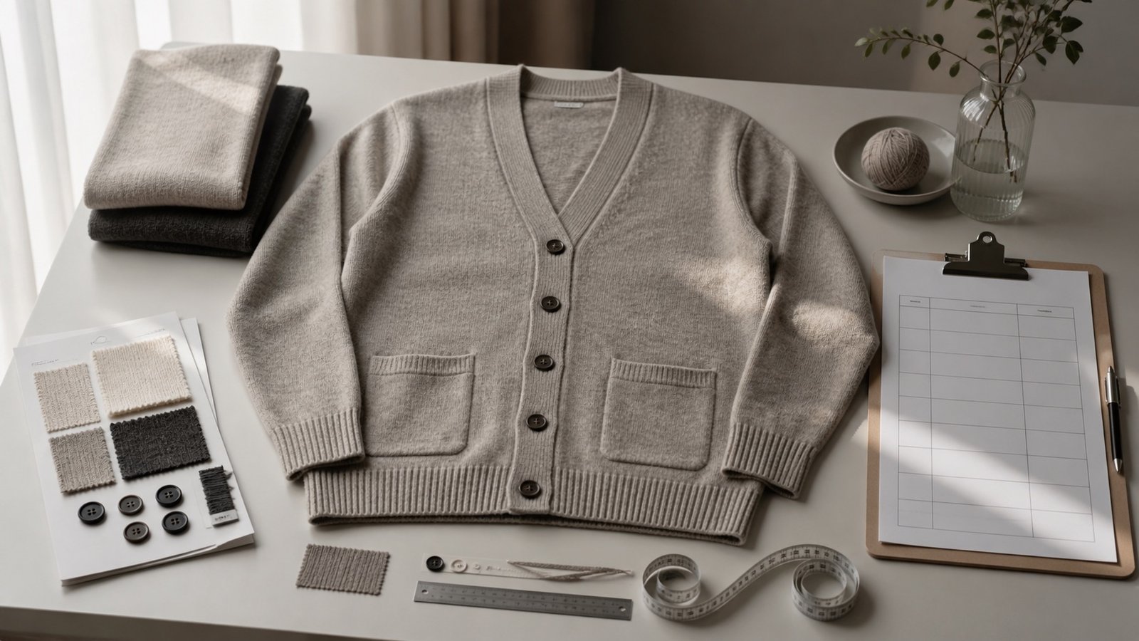 Pre-production cardigan approval with measurements, trims and checklist