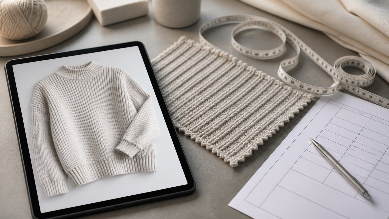 Reference sweater image, physical swatch and measurement specification