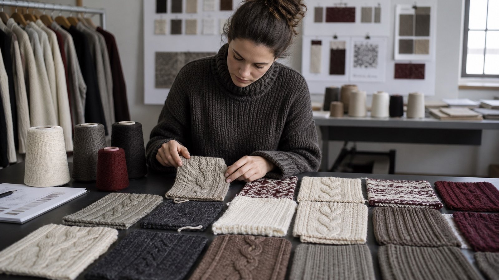 Organized knitwear swatch approval session with yarn and structure samples