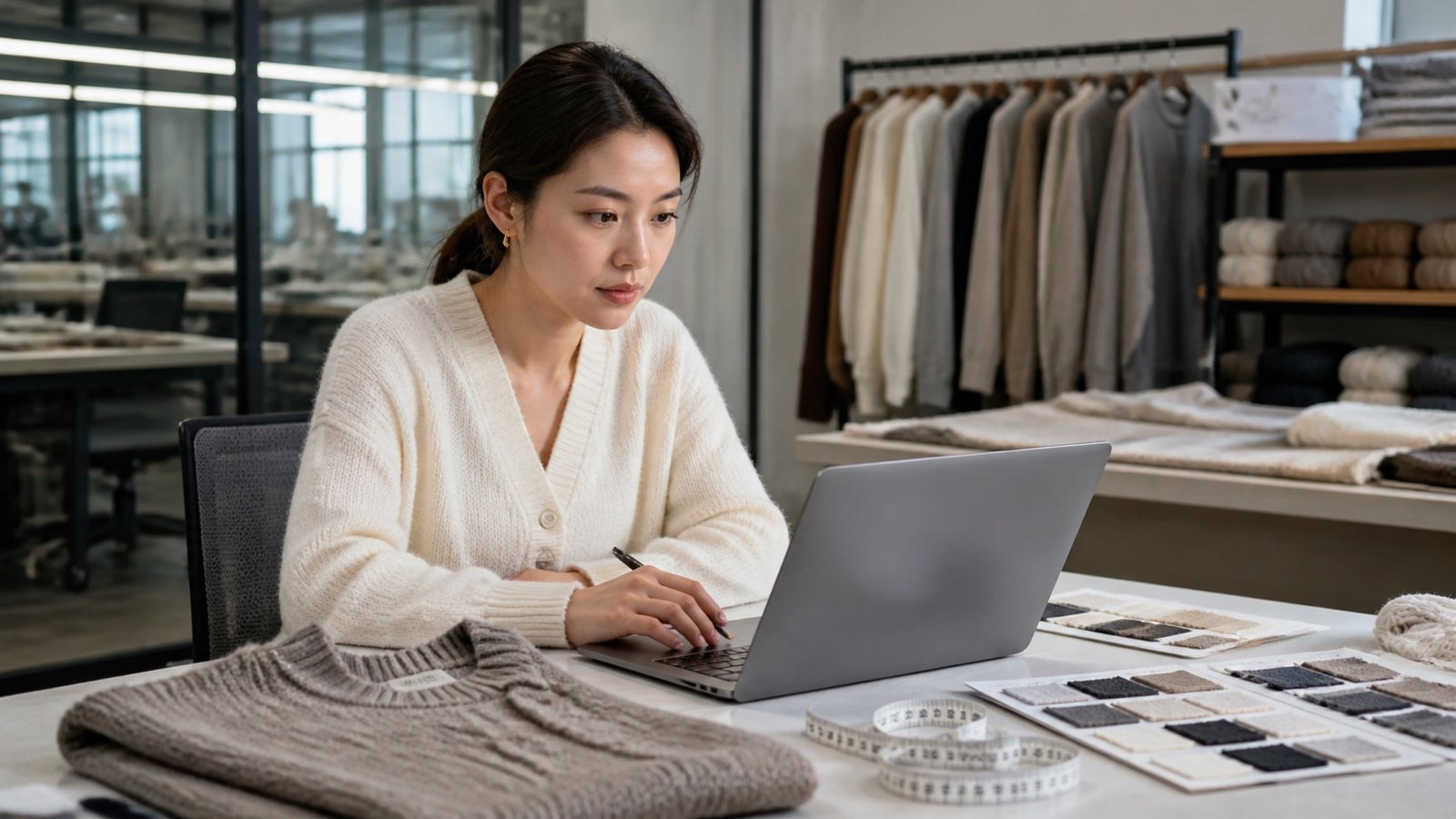 Product manager reviewing a new buyer inquiry beside the reference sweater