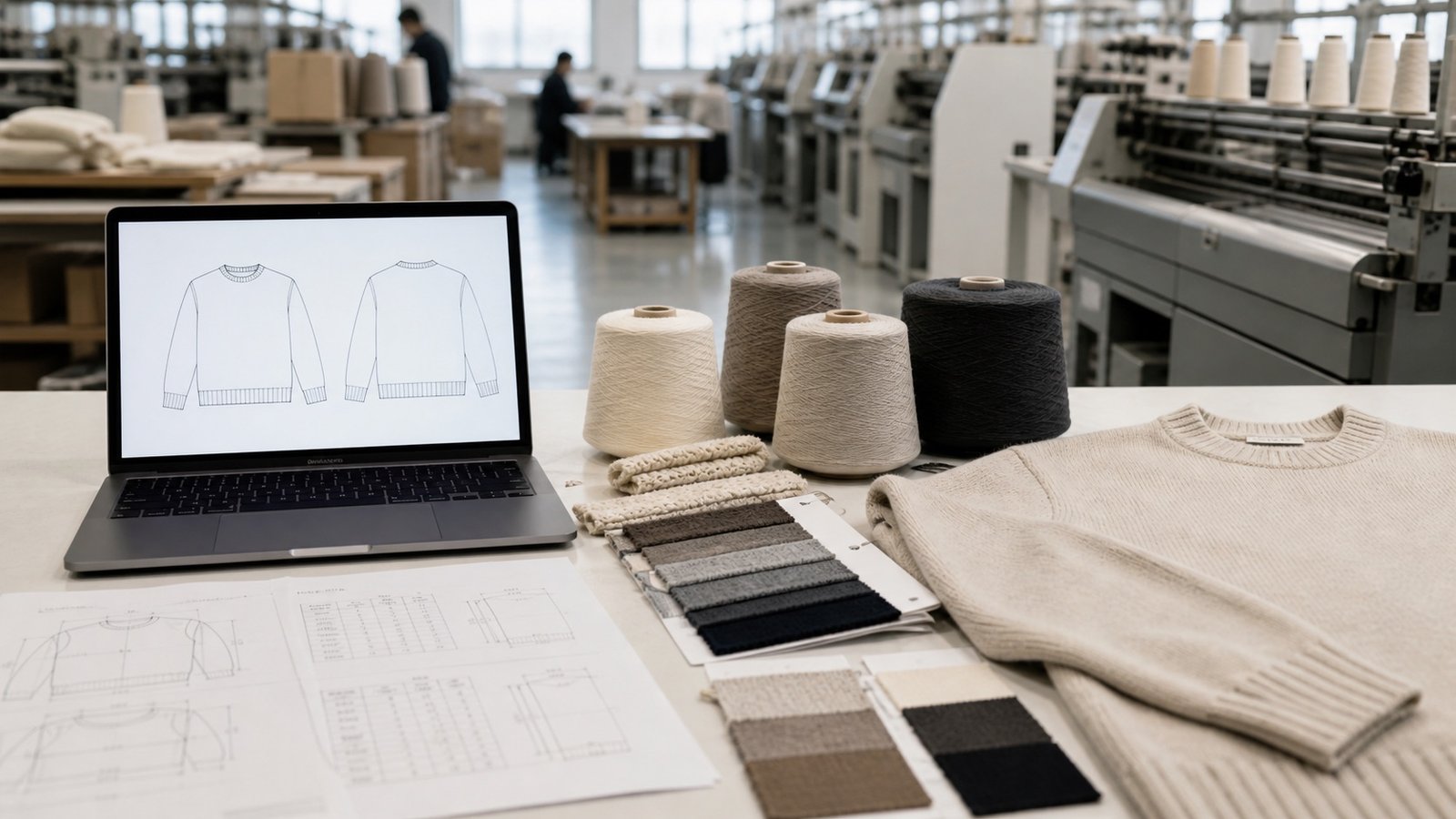 Buyer tech pack with sweater drawing, measurements, yarn swatches and garment reference