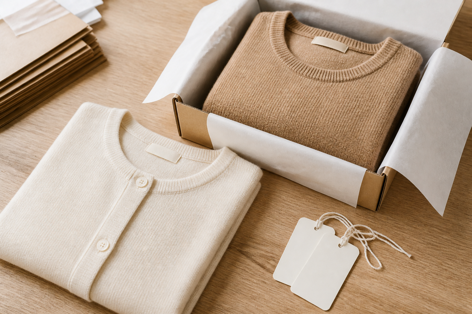 Cream cardigan and camel sweater with plain woven labels, kraft packaging and hangtags