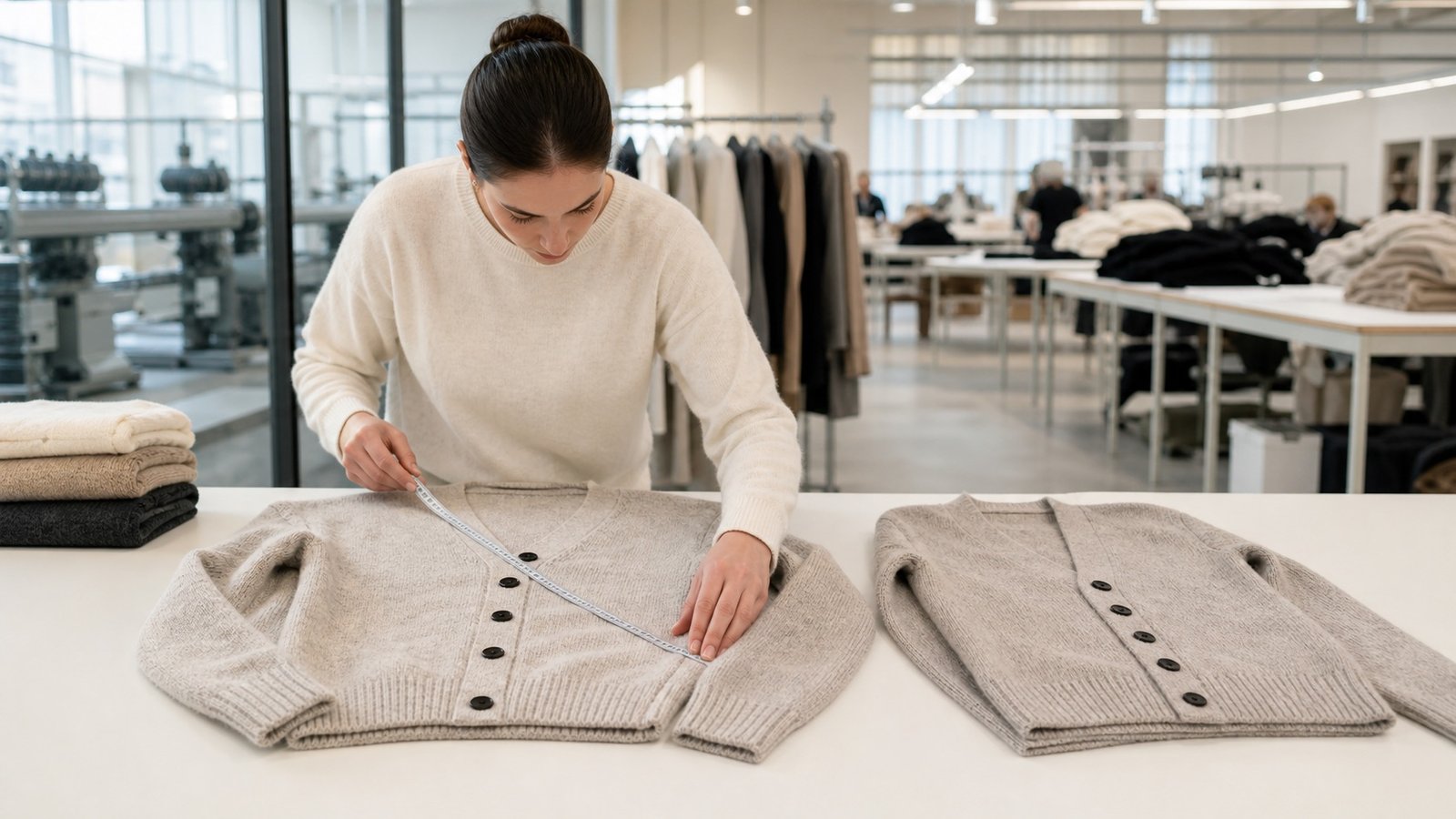 Quality technician checking a knitted cardigan against measurement references