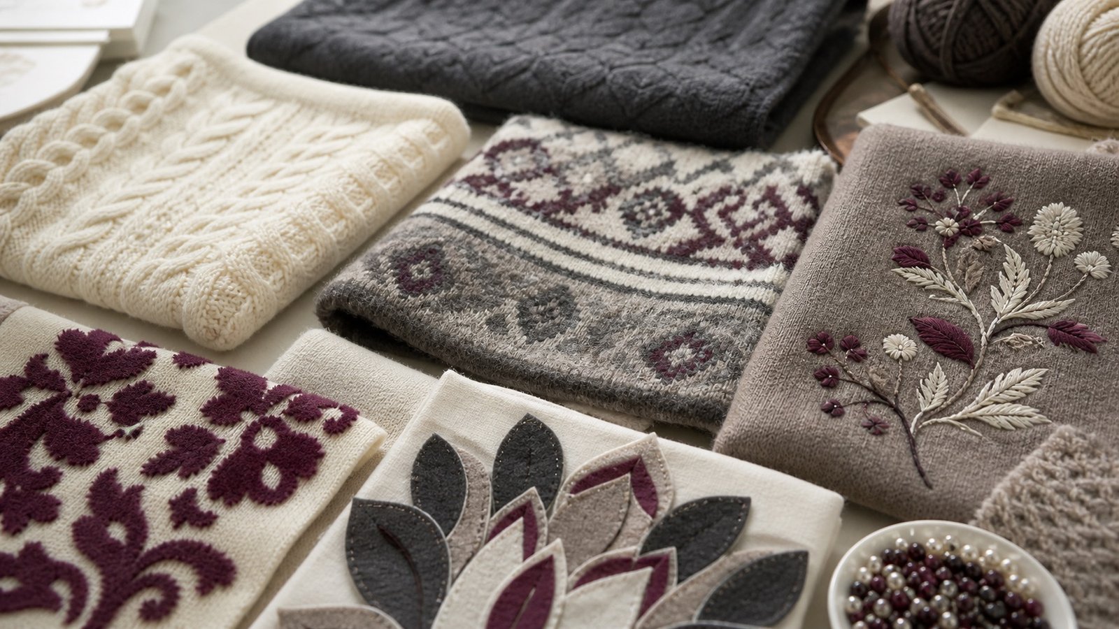 Textured and embellished knitwear swatches showing color and surface techniques