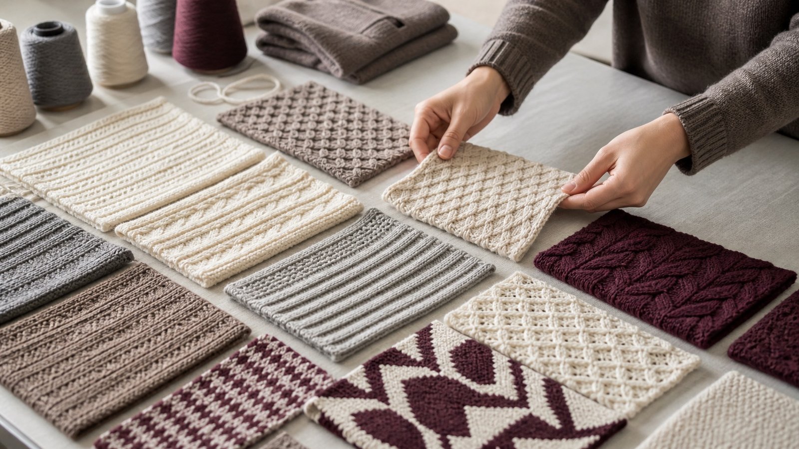 Knitwear structure library with jersey, rib, cable, pointelle, jacquard and intarsia