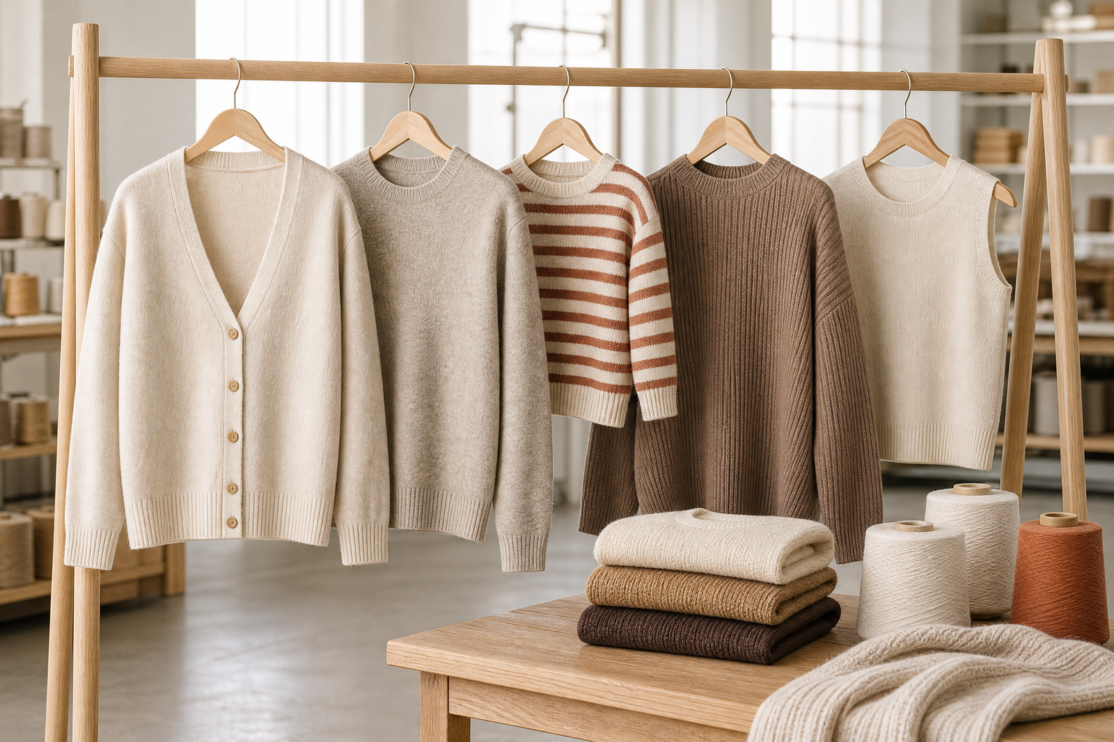 Unbranded knitwear assortment including cardigans, sweaters and knit vests.