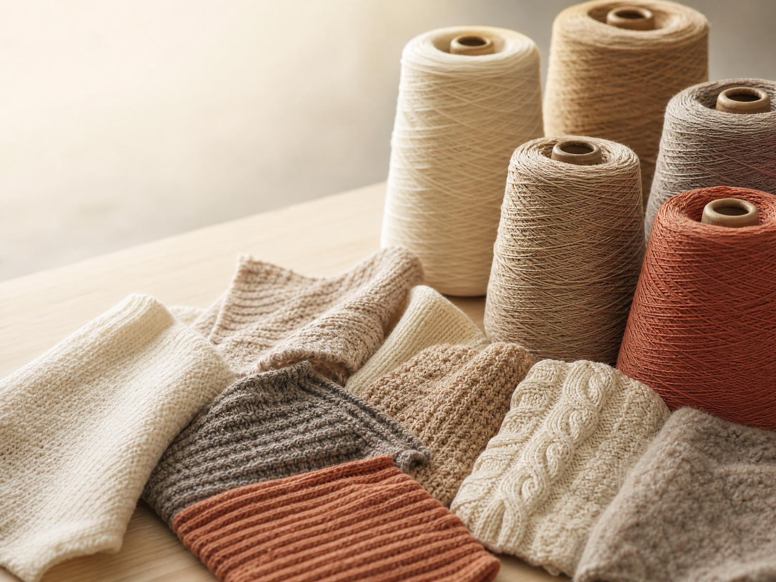 Textured knit swatches and yarn cones in neutral tones.