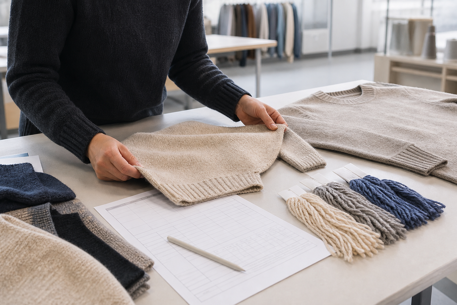 Knitwear sample review materials with measurement chart and yarn swatches