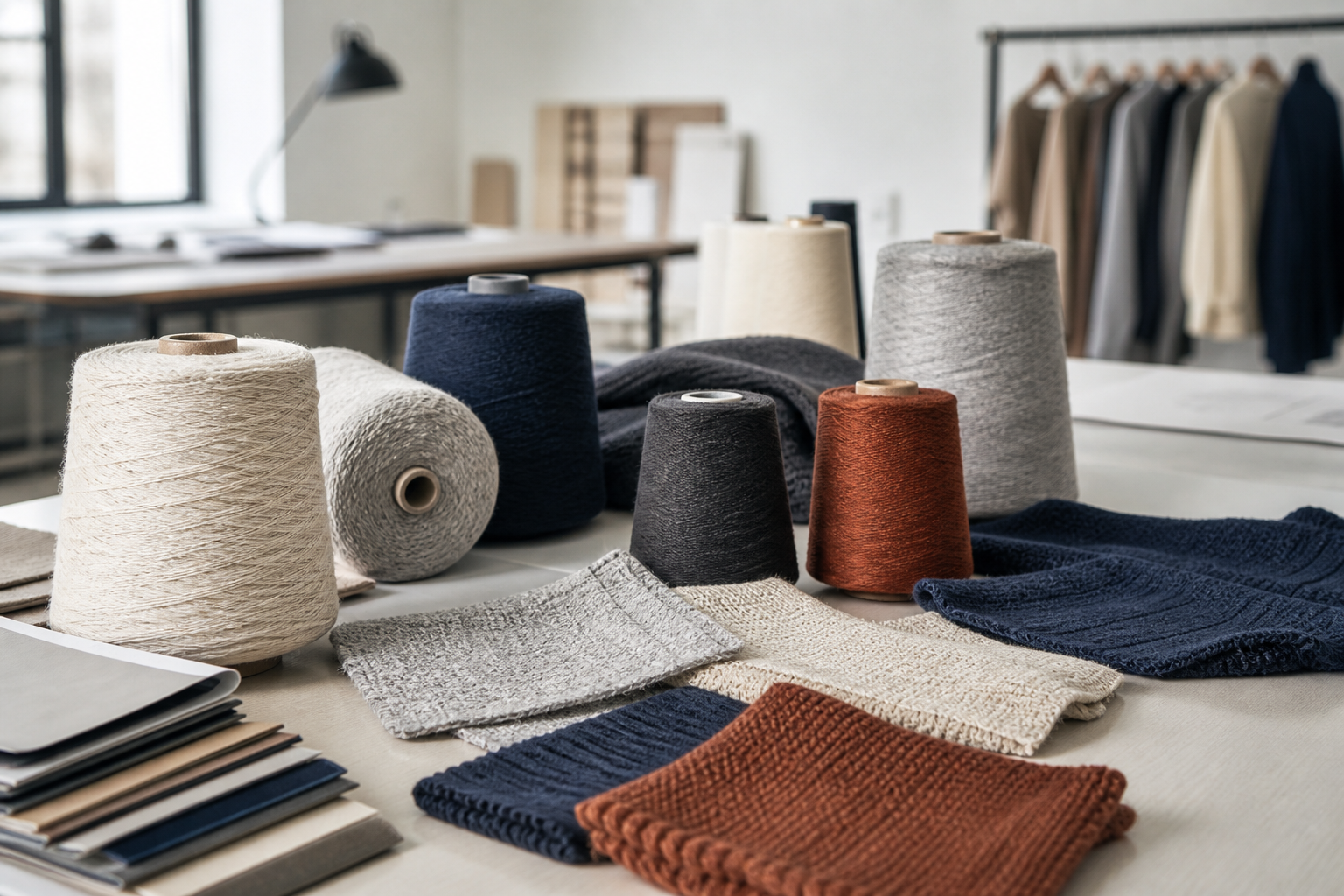 Yarn swatches and knitwear development materials arranged on a worktable