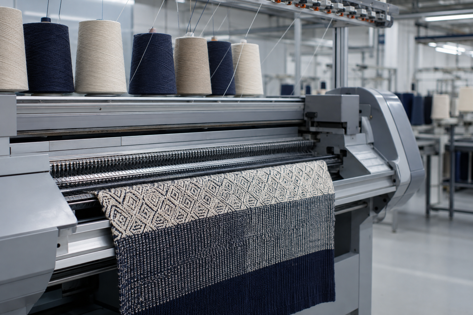 Computerized flat knitting machine producing a textured knitwear panel during development