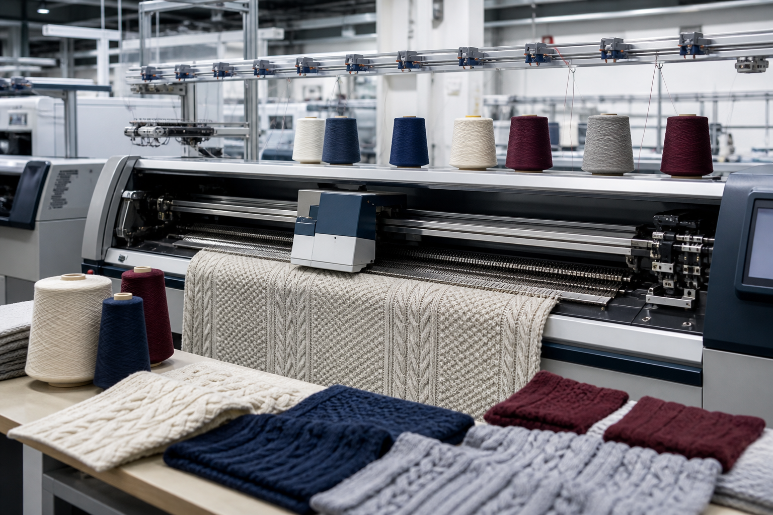 Computerized flat knitting machine producing structured knit panels