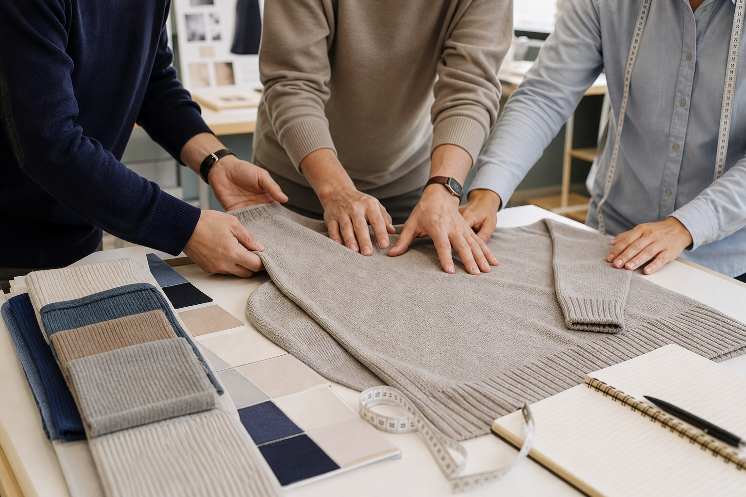 Technical team reviewing a knitwear sample for fit, color and surface appearance