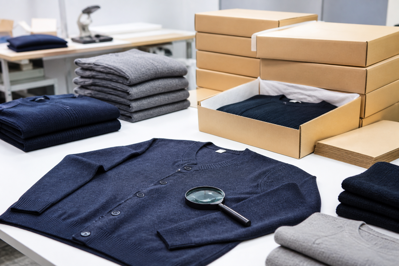 Finished knitwear garments undergoing appearance inspection beside organized packaging materials