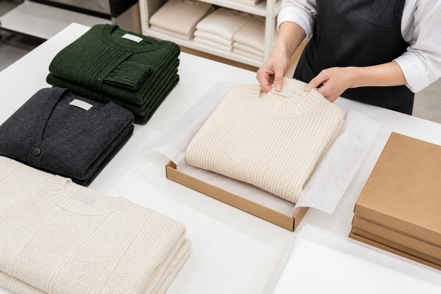 Finished knitwear inspection and packaging preparation