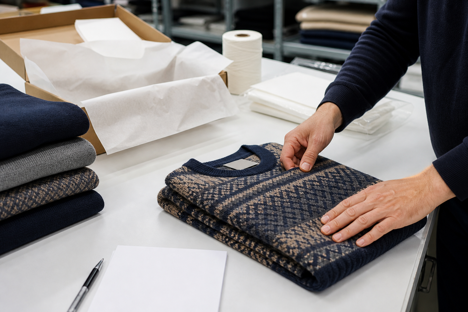Finished jacquard knitwear undergoing appearance and packaging quality inspection