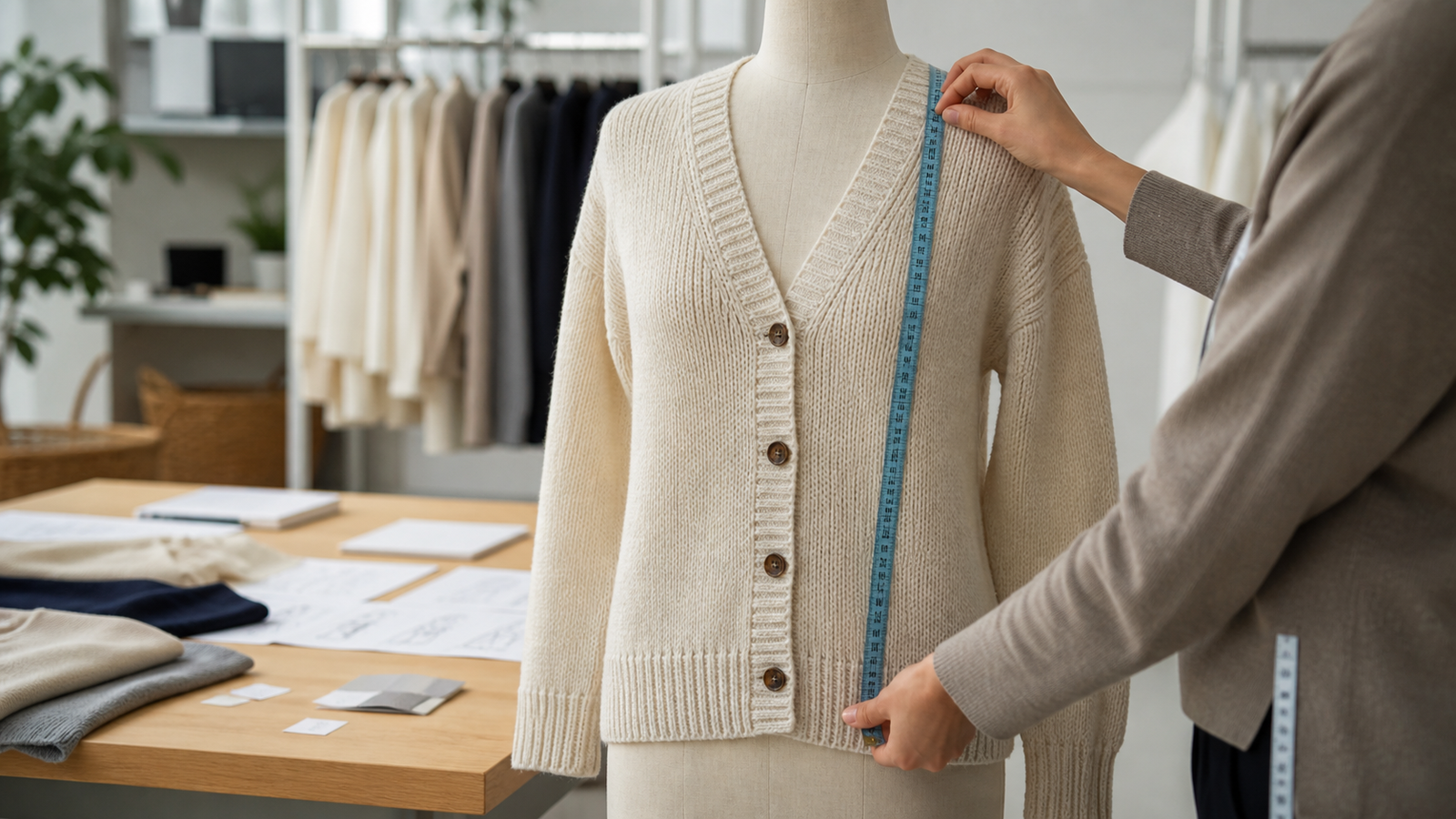 Garment technician measuring a knitted cardigan on a dress form
