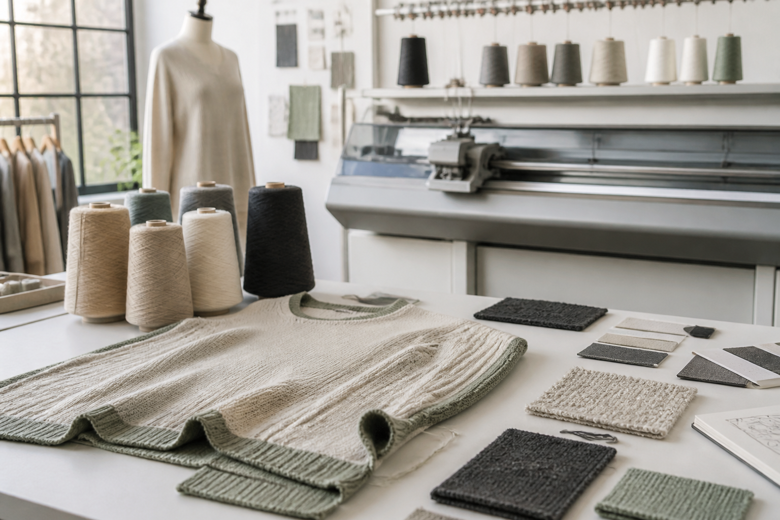 Knitwear sampling workspace with sweater sample and yarn