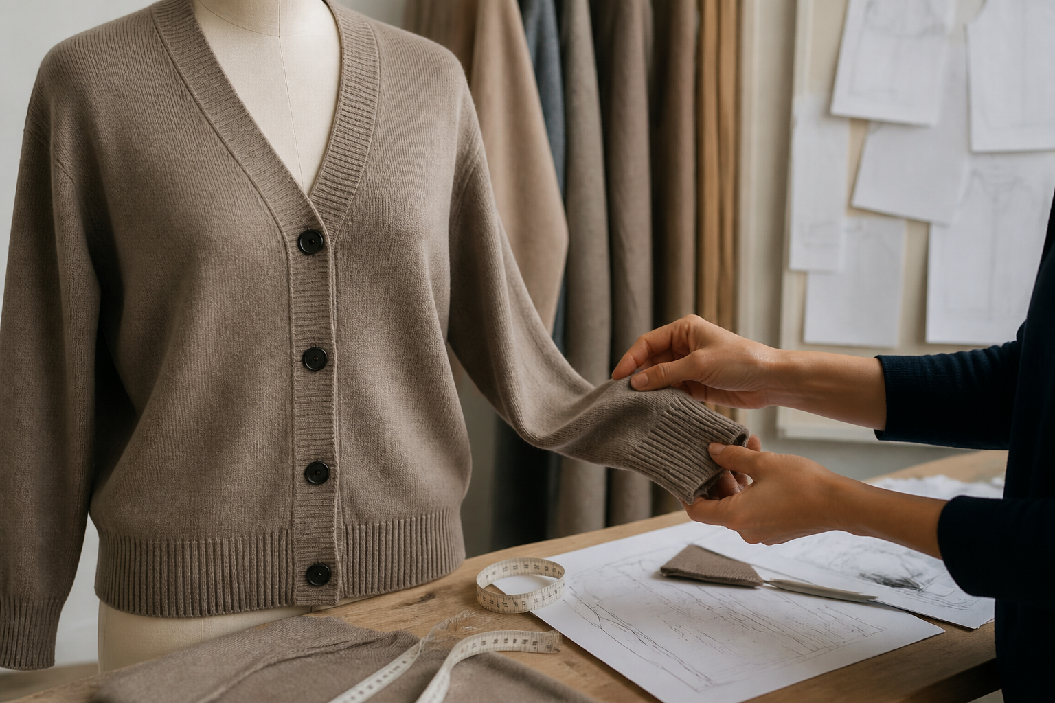 Cardigan fit and construction approval in a knitwear studio