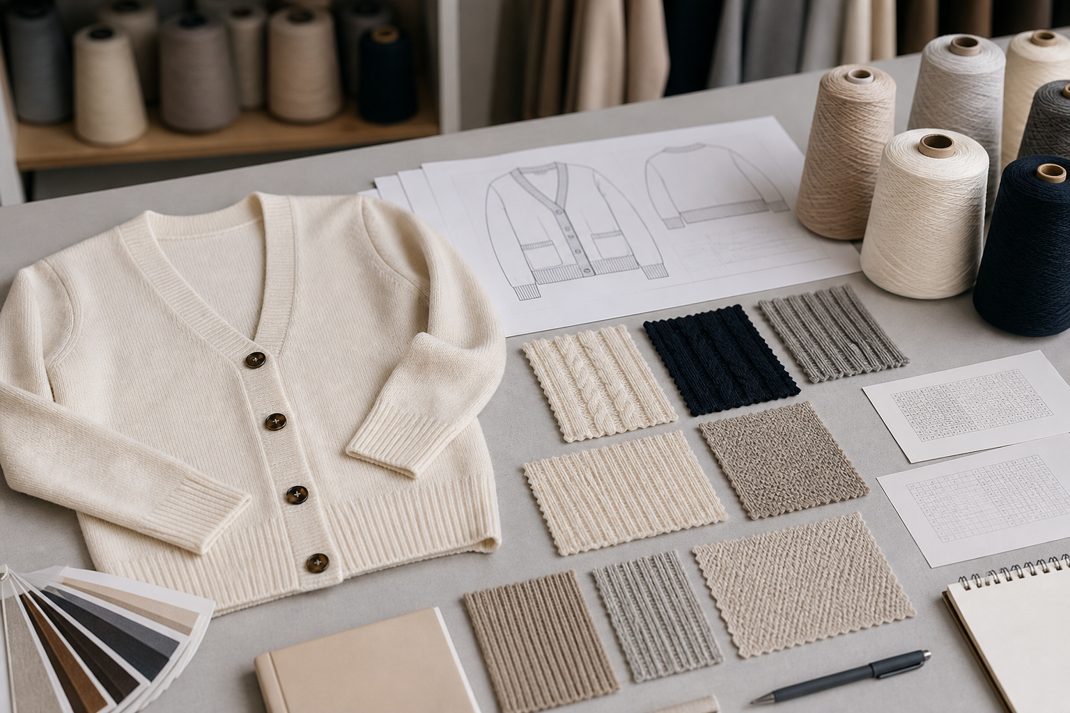 Custom cardigan development with yarn and stitch swatches