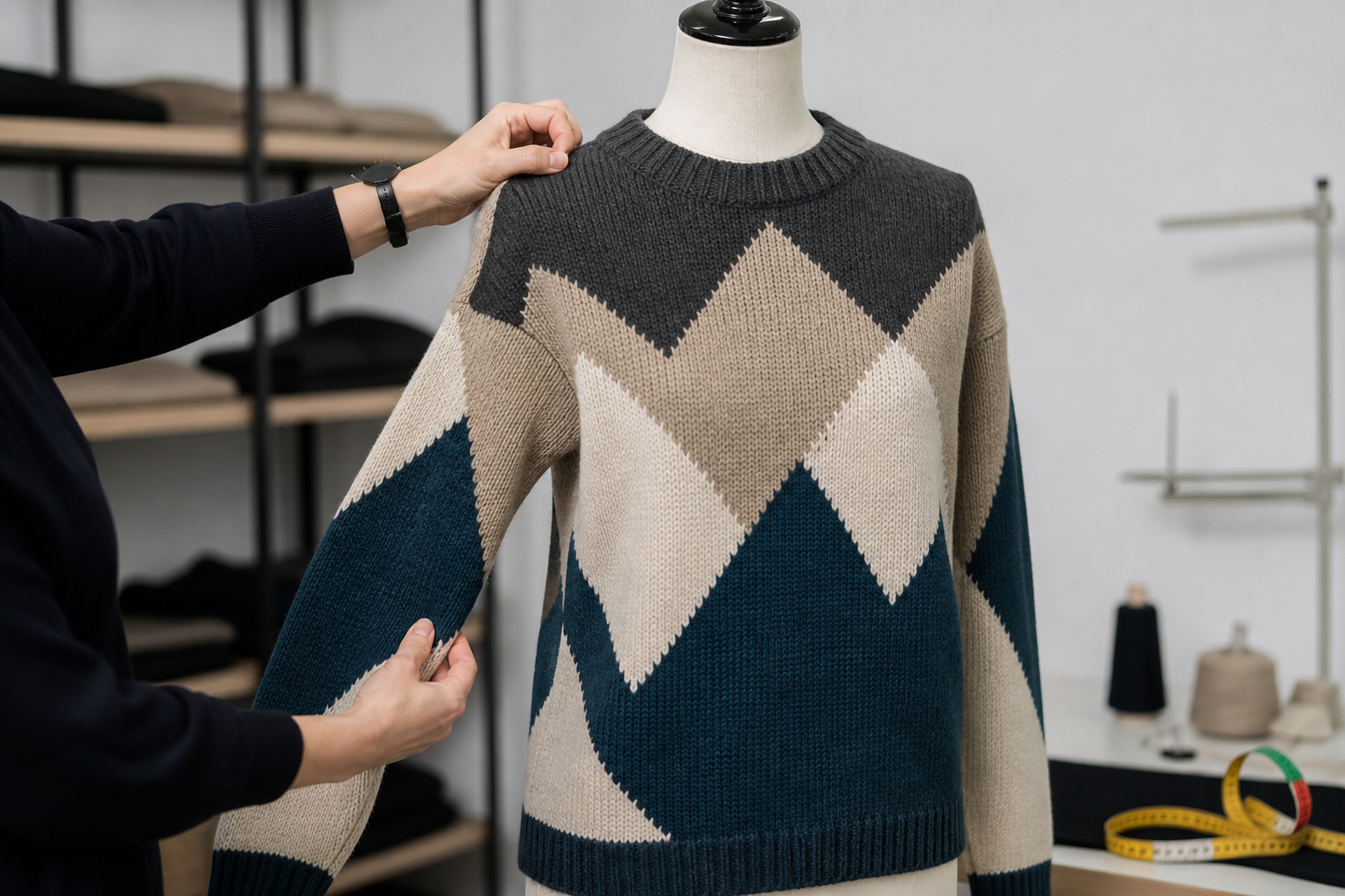 Editorial B2B knitwear fitting review of an assembled intarsia sweater