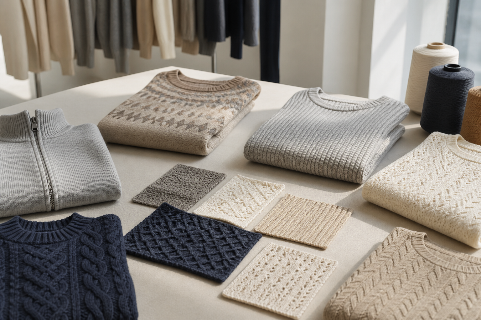 Finished knitwear and stitch swatches prepared for buyer review