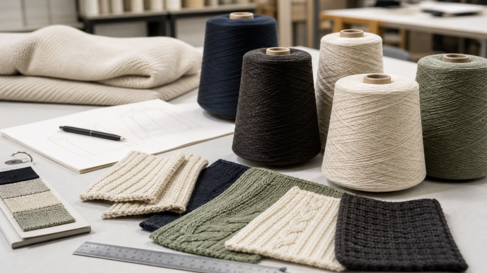Yarn cones and knitwear sample development materials on a studio table