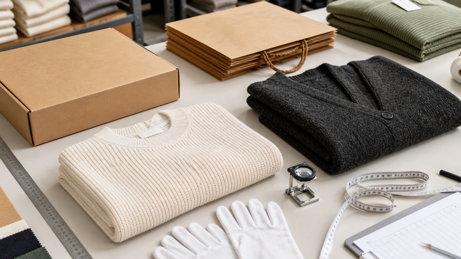 Finished knitwear arranged with measuring tools for quality inspection