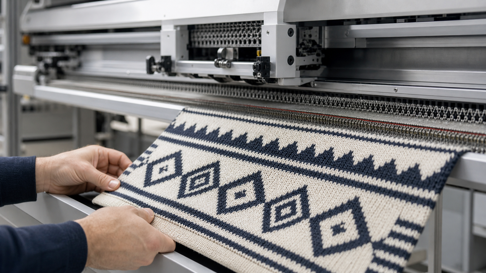 Computerized flat knitting machine producing a patterned knitwear panel