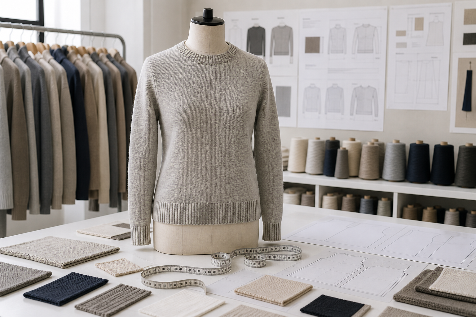 Sweater sample, measuring tape, and fit review materials