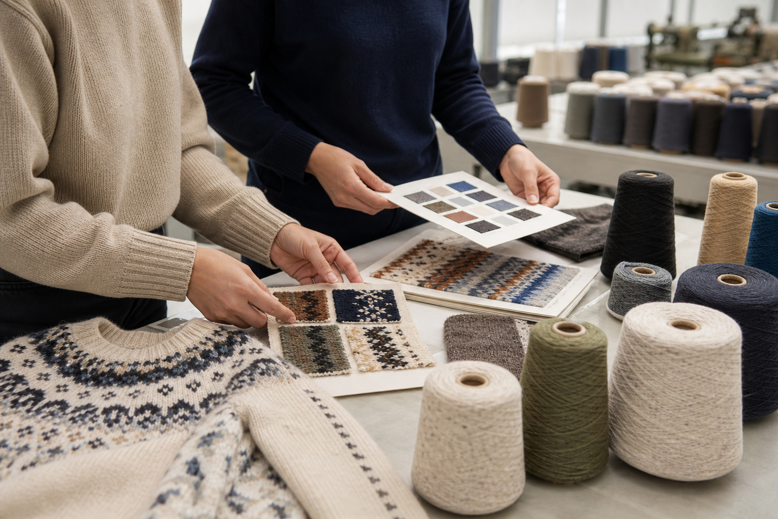 Knitwear development team reviewing jacquard and intarsia color swatches and yarn cones