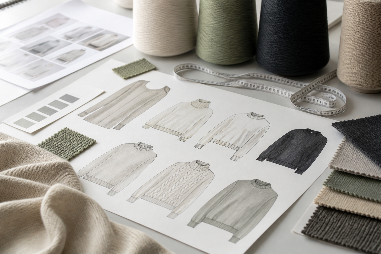 Knitwear design brief with yarn swatches and technical sketches