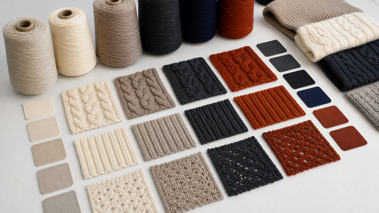 Yarn cones and cable, rib, and openwork knit swatches for selection
