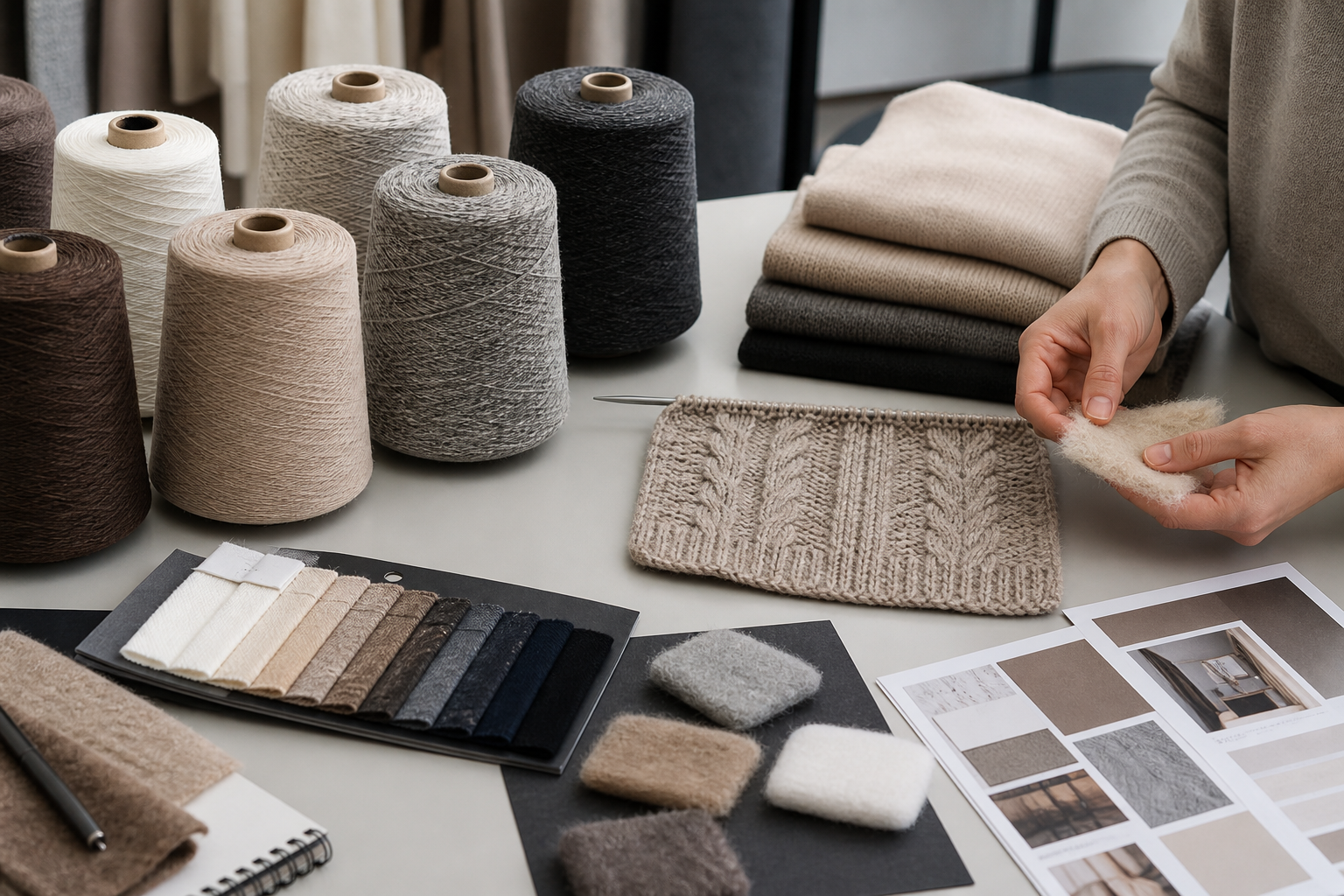 Yarn cones and knit swatches for private-label sweater development