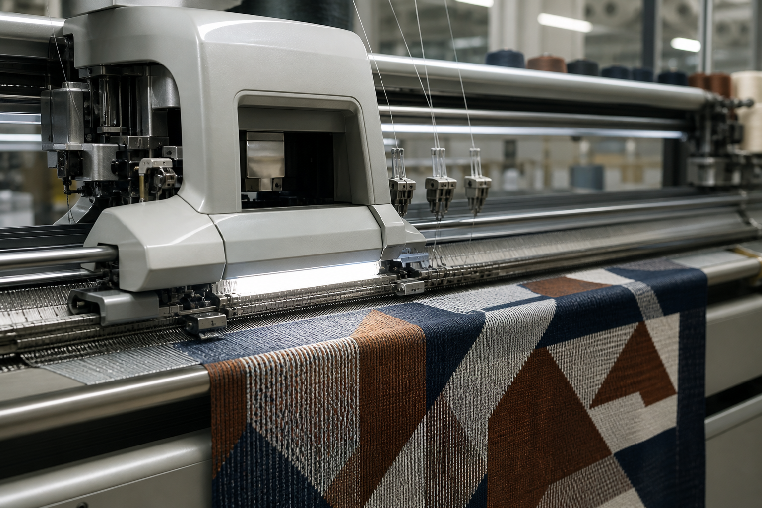 Close-up of computerized flat knitting machine producing a geometric jacquard panel
