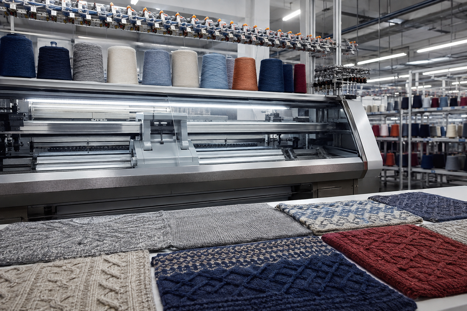 Retail buying team reviewing a knitwear colorway sample for proportion and fit