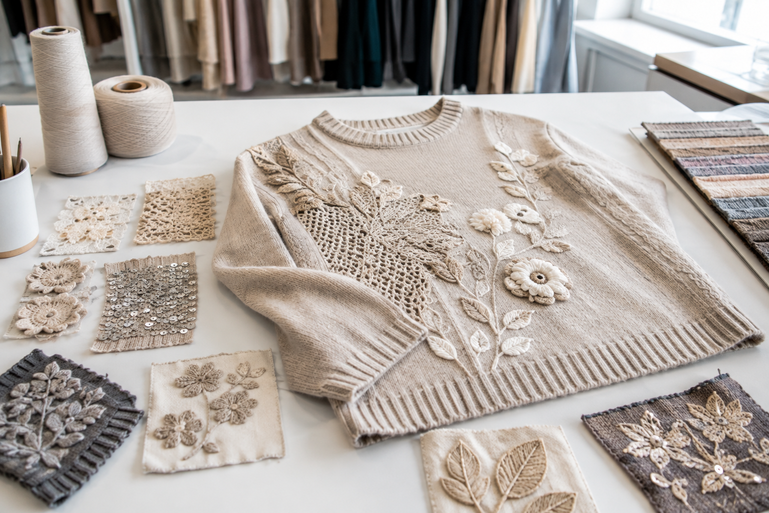 Unbranded knitwear sample with decorative swatches and construction references in a design studio