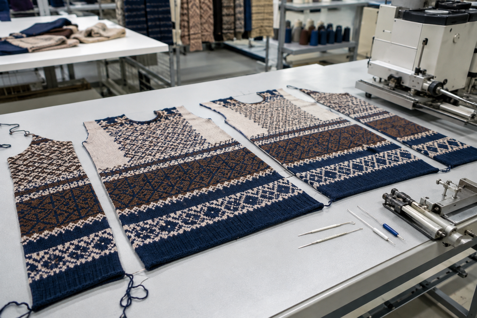 Knitted panels with aligned decorative motifs arranged beside a linking and assembly workstation