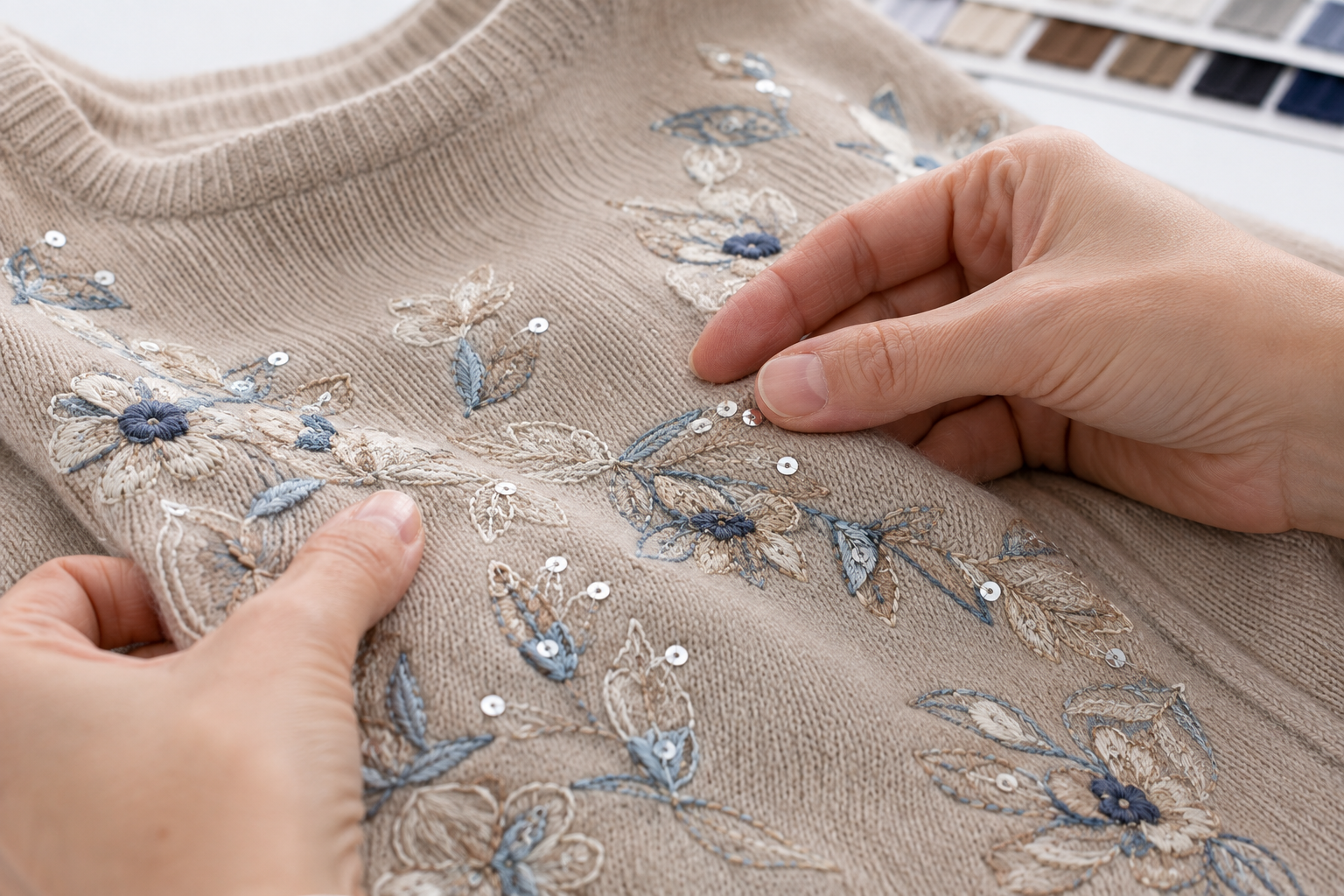 Close editorial inspection of embroidery and sequin details on an unbranded knitted garment