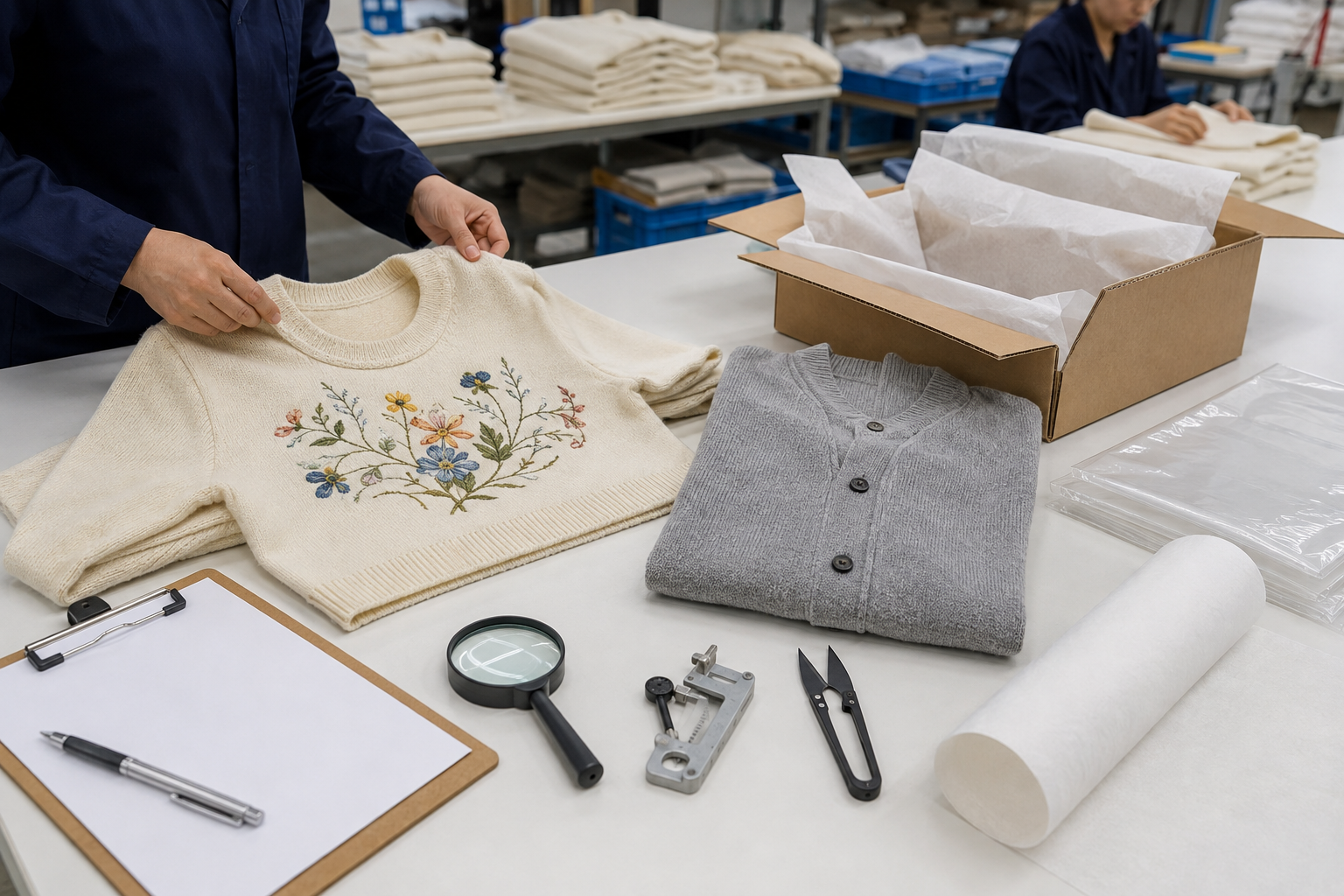 Quality-control table with finished decorated knitwear, inspection tools and plain packing materials