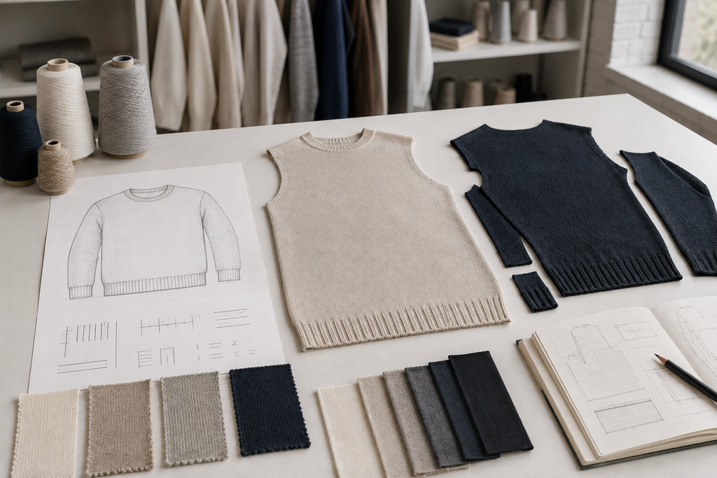 Knitwear construction development brief with yarn and swatches