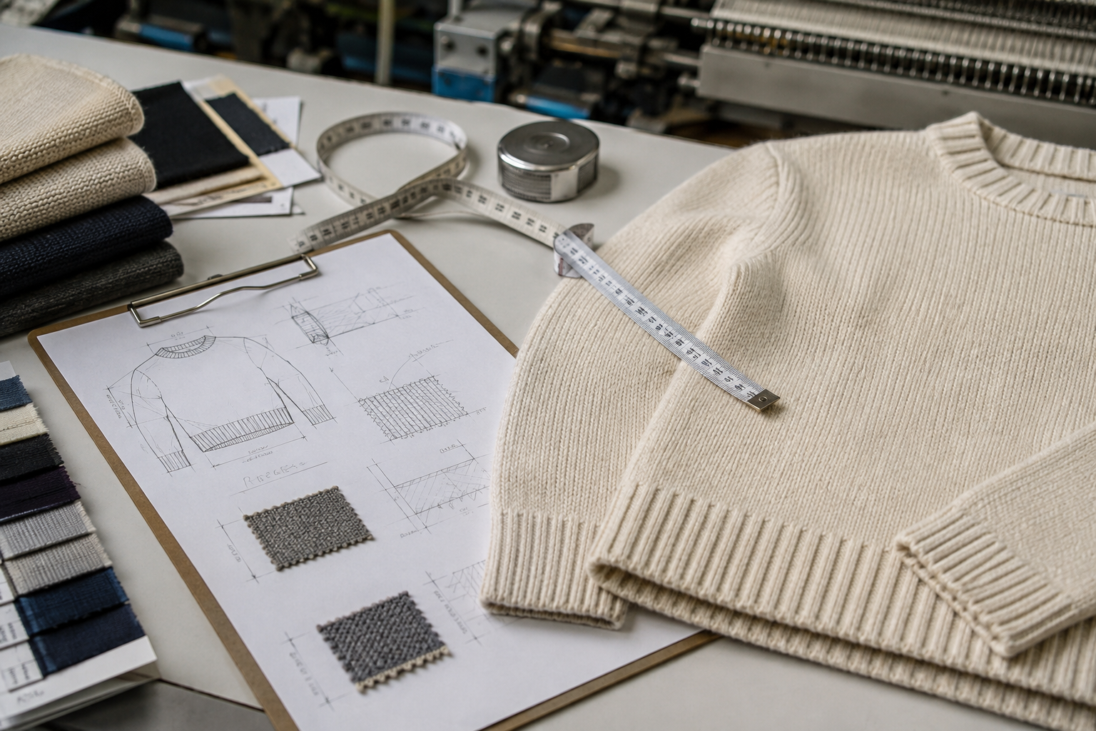 Knitted garment development brief with hem and side-seam measurements beside a reference sample