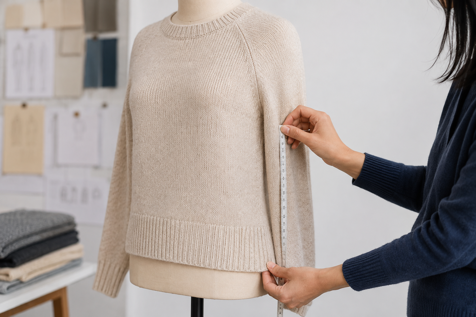 Representative-size knitwear fit review checking hem level and vertical side-seam alignment