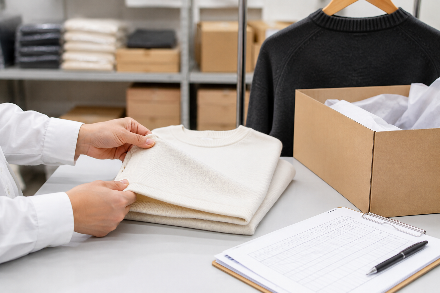Finished knitwear inspection and packing review focused on hem and side-seam appearance