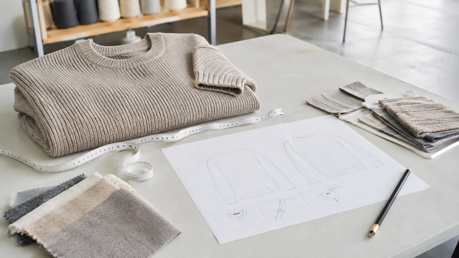 Knitwear measurement brief with a folded sweater, measuring tape, specification sheet, and swatches