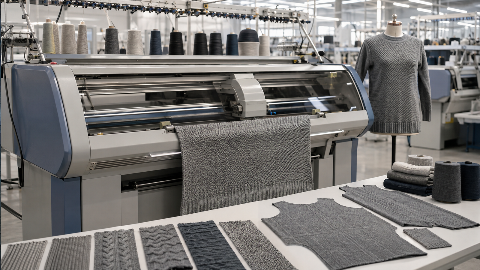 Computerized flat knitting machine producing structured knit panels beside linked garment components