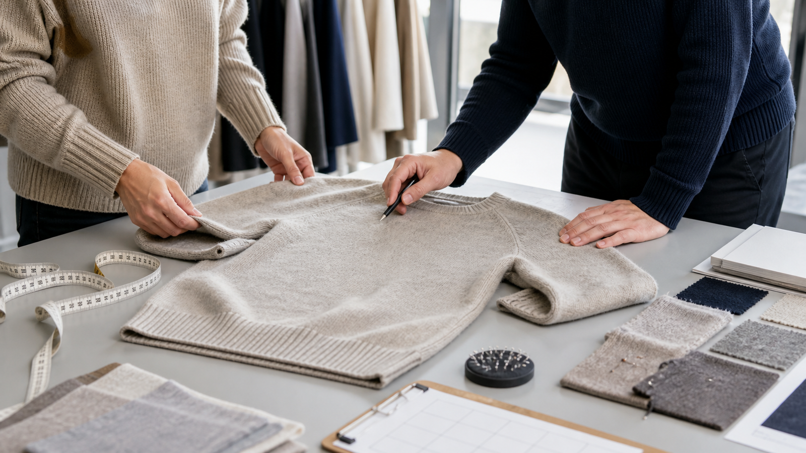 Buying team and knitwear developer reviewing a representative-size sweater with measurement notes