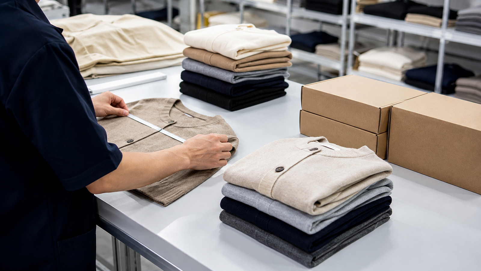Finished knitwear garments undergoing appearance and measurement inspection before shipment packing